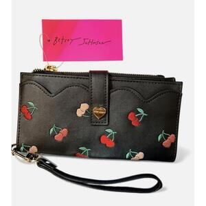 Betsey Johnson Cherries Wristlet Wallet Black Red Pink Gold